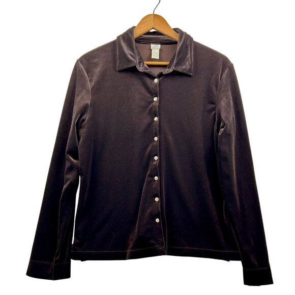 J. Jill Stretch Velvet Button-Up Shirt 90s Inspired Luxe Chocolate Brown Sz L - Picture 2 of 5